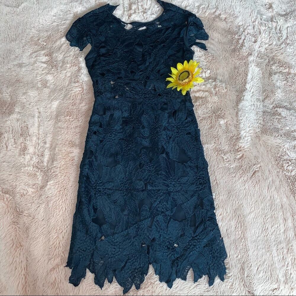 NWT Romeo & Juliet Couture Navy Blue Lace Overlay Formal Sheath Dress Size XS - Picture 2 of 16